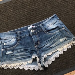 Bongo lace trim denim distressed shorts